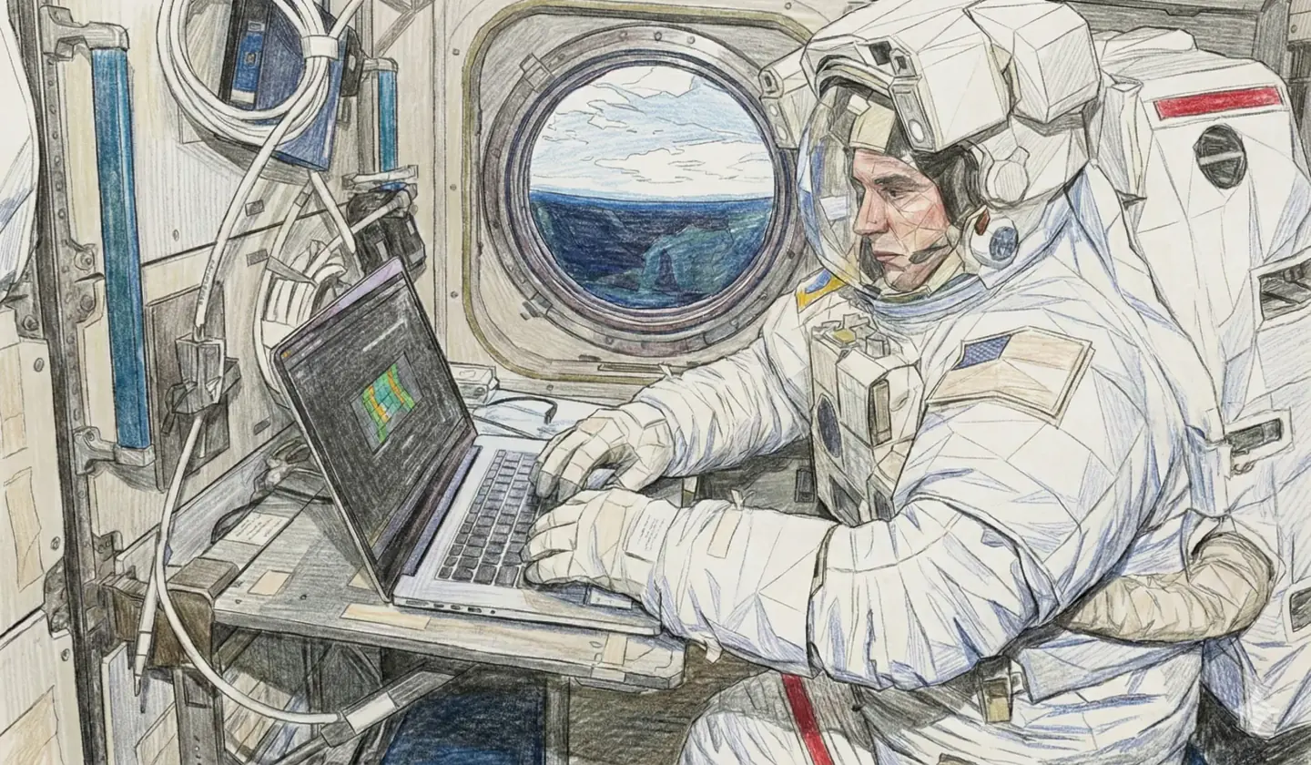 Astronaut typing on a laptop in space